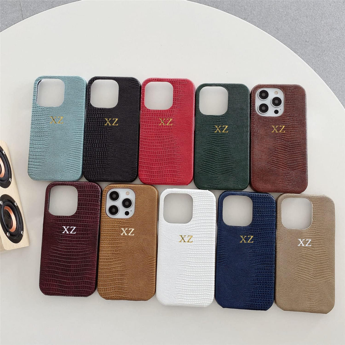 Personalise Gold Silver Initial Letters Leather Case for iPhone 14 15 16 17 Pro max 13 17 Pro Xs Max 12 11 XR 14 15 16 Plus 17air Luxury Lizard Skin Texture PU Cover (Burgundy)