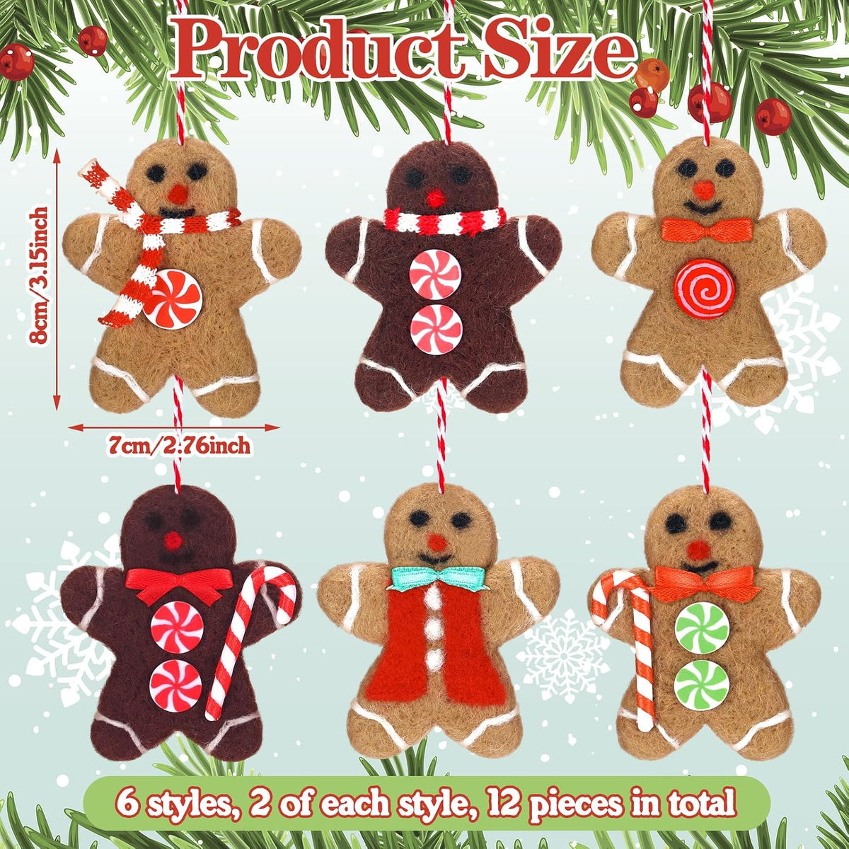 Mindsoft 12 Pcs Gingerbread Man Christmas Tree Ornaments Wool Felt,Brown