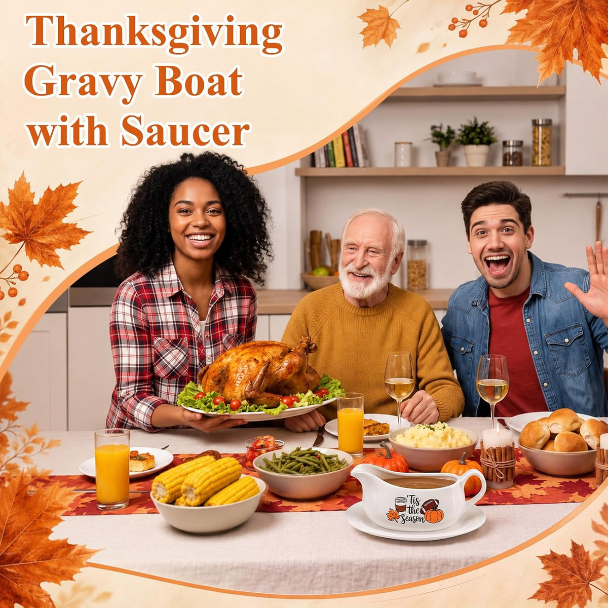 2 Pcs 17oz Thanksgiving Gravy Boat with Saucer Set, Ceramic