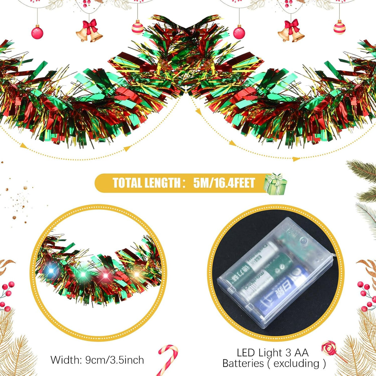 16.4 ft Christmas Tinsel Garland with Light, Multicolor, Red and Green