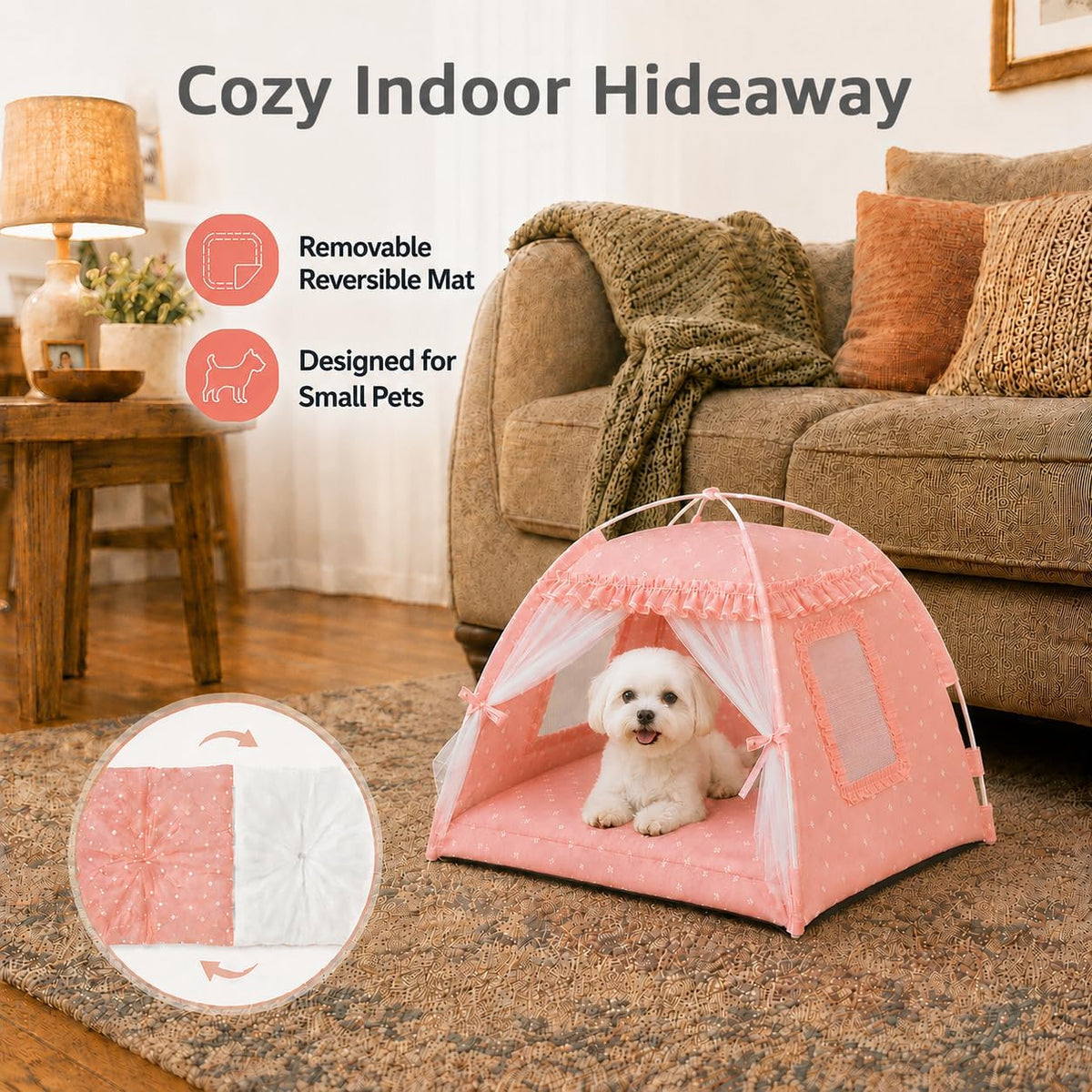 Pink Princess Cat Bed Dog Tent, Indoor House for Small Puppies and Kittens | Portable Pet Teepee Bunny Nest Foldable Cozy Cave Hideaway Washable Cushion Reversible Mat Home Use, 15.7 x 15.7 x 14.6 in