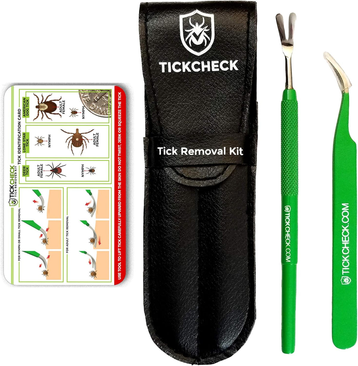 Premium Tick Remover Kit - Stainless Steel Tick Remover + Tweezers, Leather Case, and Free Pocket Tick Identification Card (1 Set)
