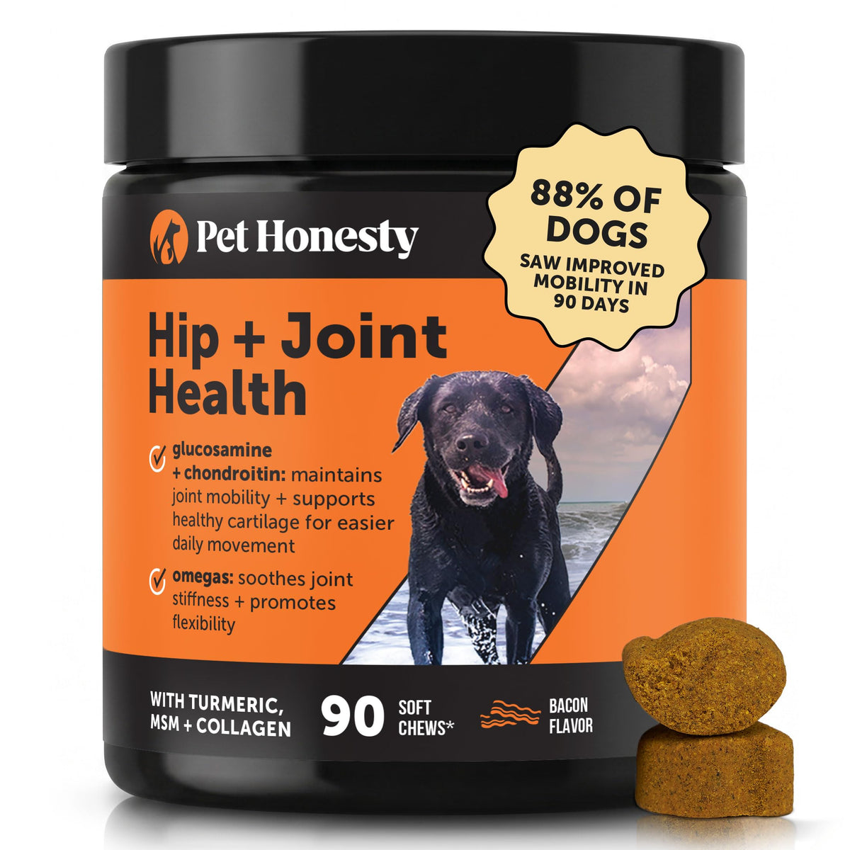 Hip + Joint Supplement for Dogs with Glucosamine Chondroitin - MSM, Turmeric & Collagen Soft Chews - Joint Function, Stiffness, and Mobility Support, May Reduce Occasional Discomfort (Chicken, 90 Ct)
