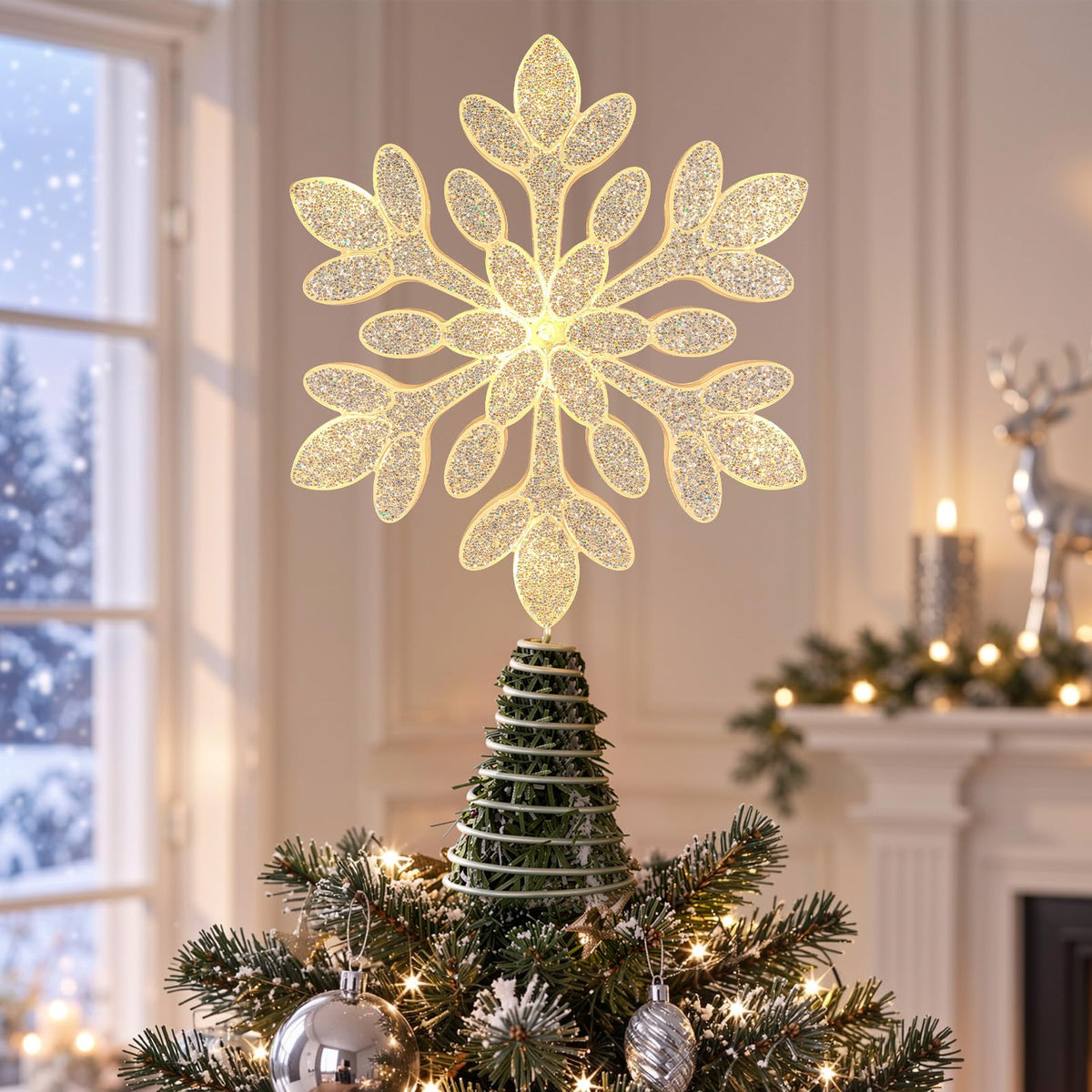 Lewondr Crystal Firework Christmas Tree Topper with Lights, Gold