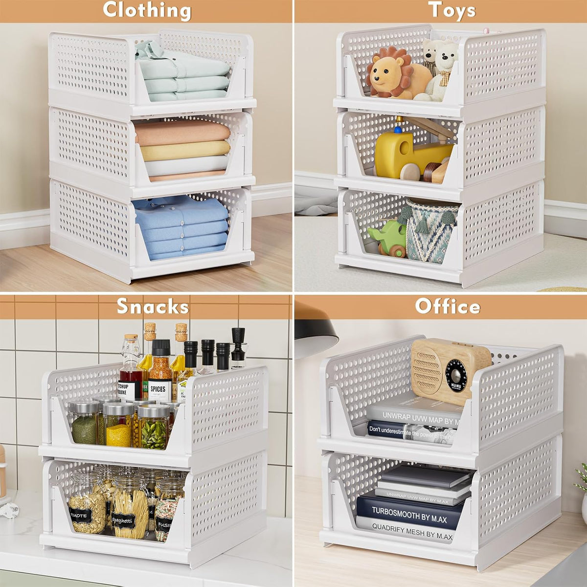 4 Pack Stackable Closet Storage Basket - Stackable Storage Bins | Multifunctional & Foldable Closet Organizer Waterproof, Wardrobe Cupboard Space-Saving Storage Drawer Organizer