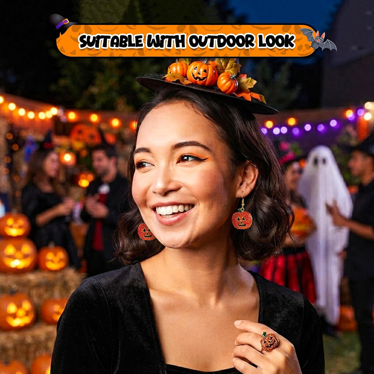 4E's Novelty Halloween Pumpkin Earrings for Women, Crystal Dangle Drop Earrings Hypoallergenic, 1.5” Smiling Face Pumpkin Halloween Earrings, Fun Festive Costume Jewelry Halloween Party Jewelry Gift