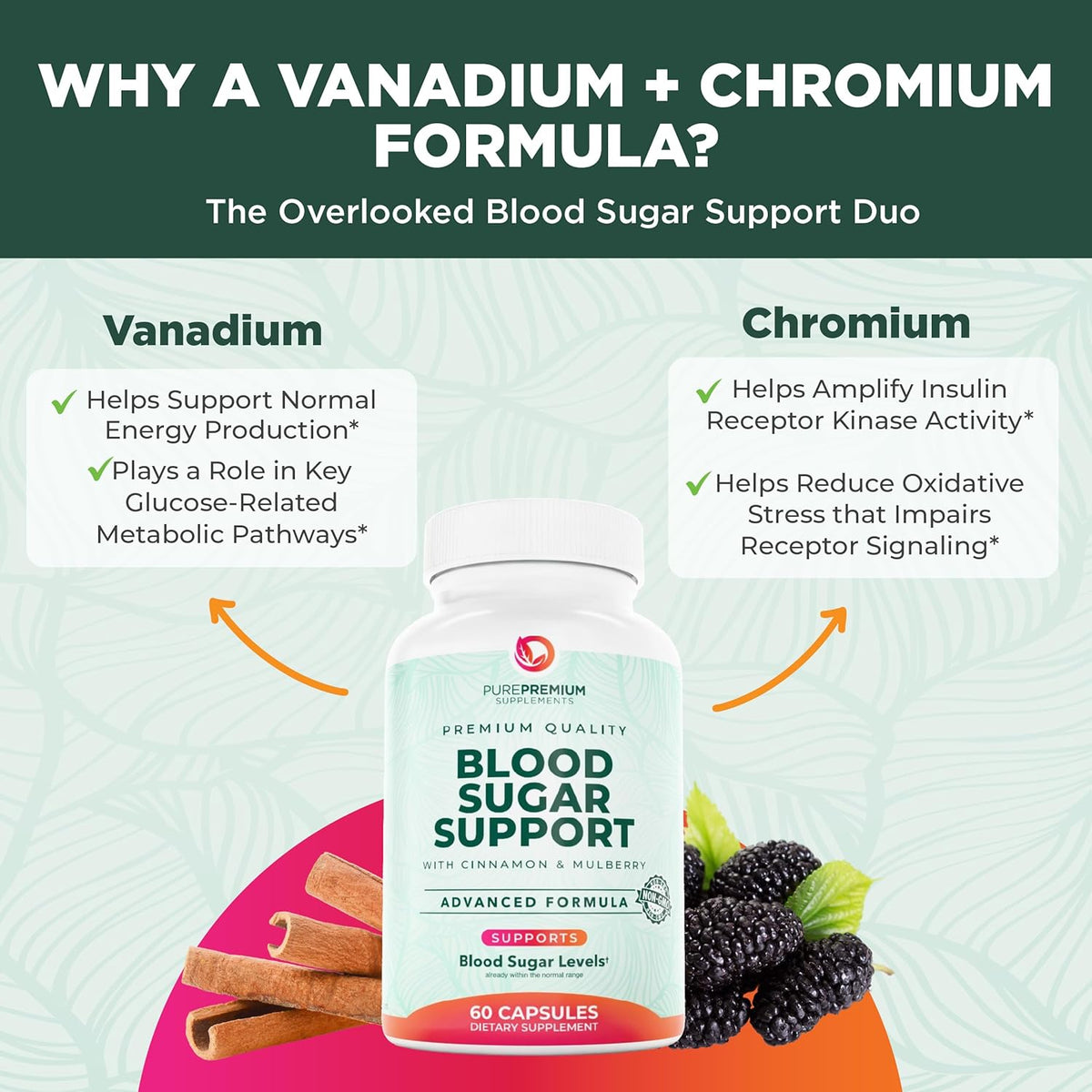 PurePremium Normal Blood Sugar Support Supplement - 20 Active Ingredients Complex to Support Blood Sugar Levels Already in The Normal Range - with Cinnamon, Bitter Melon, Chromium, Mulberry - 60ct