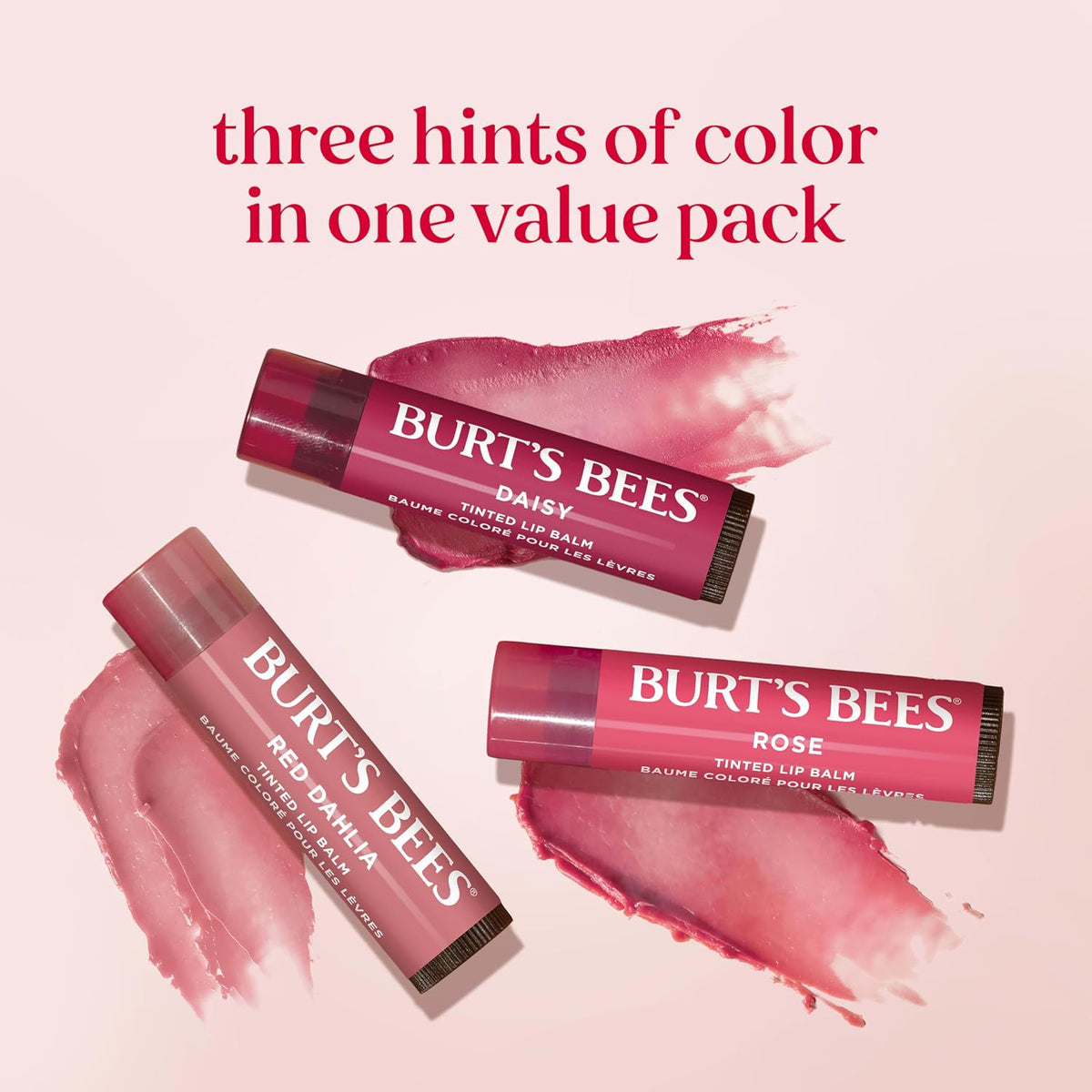 Burts Bees Tinted Lip Balm Value Pack, Includes Red Dahlia, Daisy and Rose, 8 Hour Moisture, Provides a Hint of Color, Nourishing Shea Butter, 100 Percent Natural Origin, 0.15 oz., Three Tubes