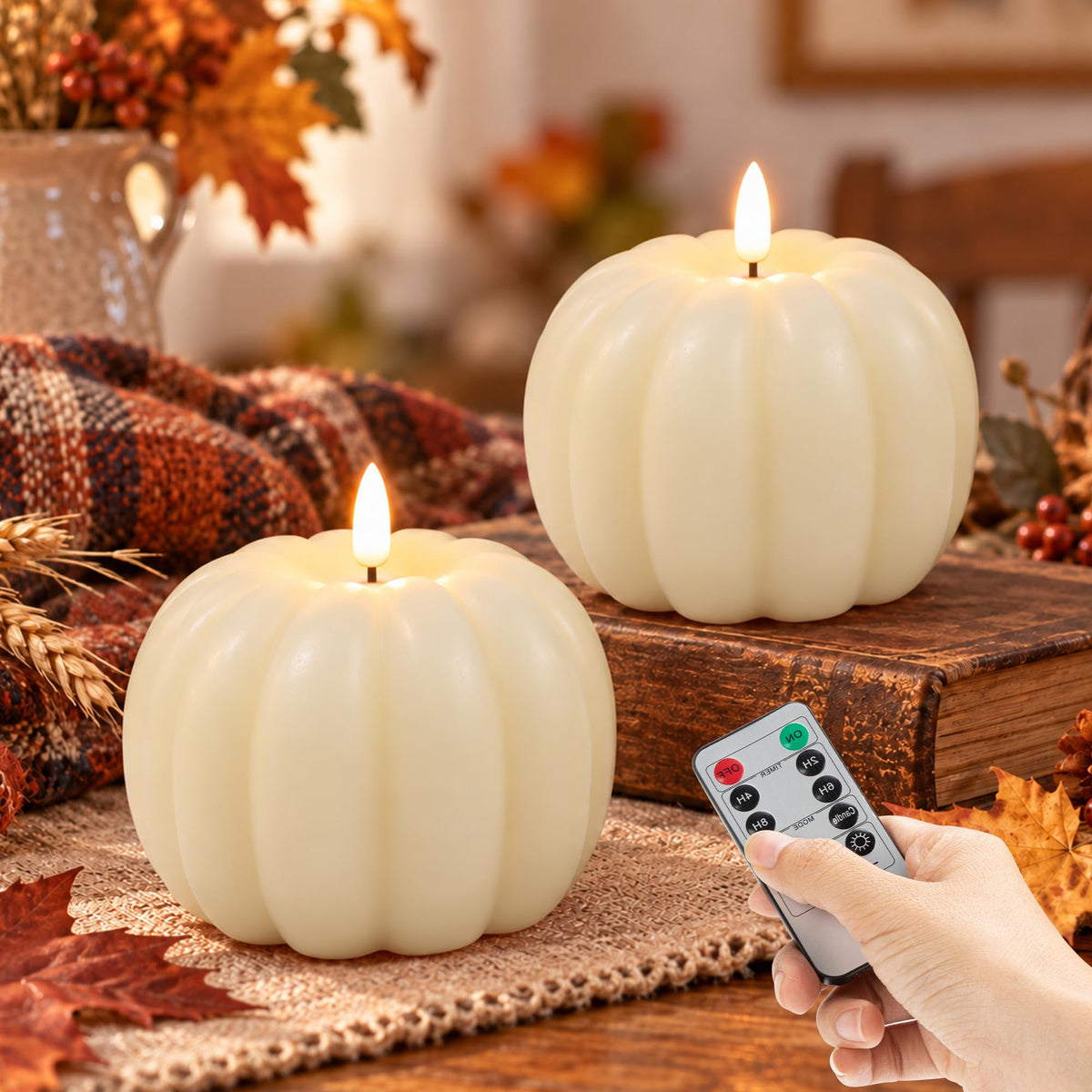 Fall Decor Pumpkin Flameless Candles Remote LED Candles Orange Set of 2
