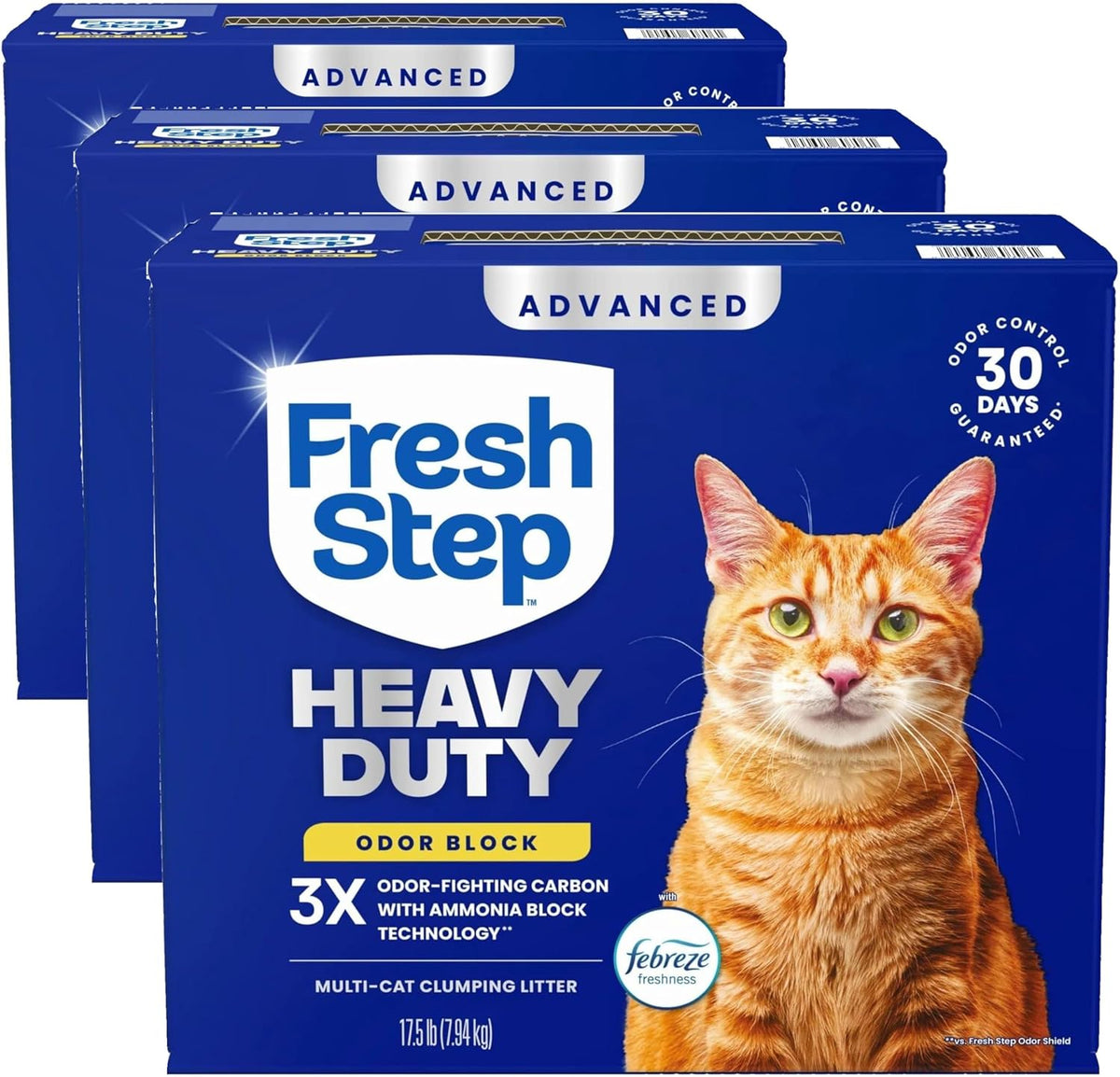 Fresh Step Heavy Duty Odor Block Advanced Multi Cat Clumping Litter with Febreze, 52.5 lb (Package May Vary),(17.5lb Pack x 3)