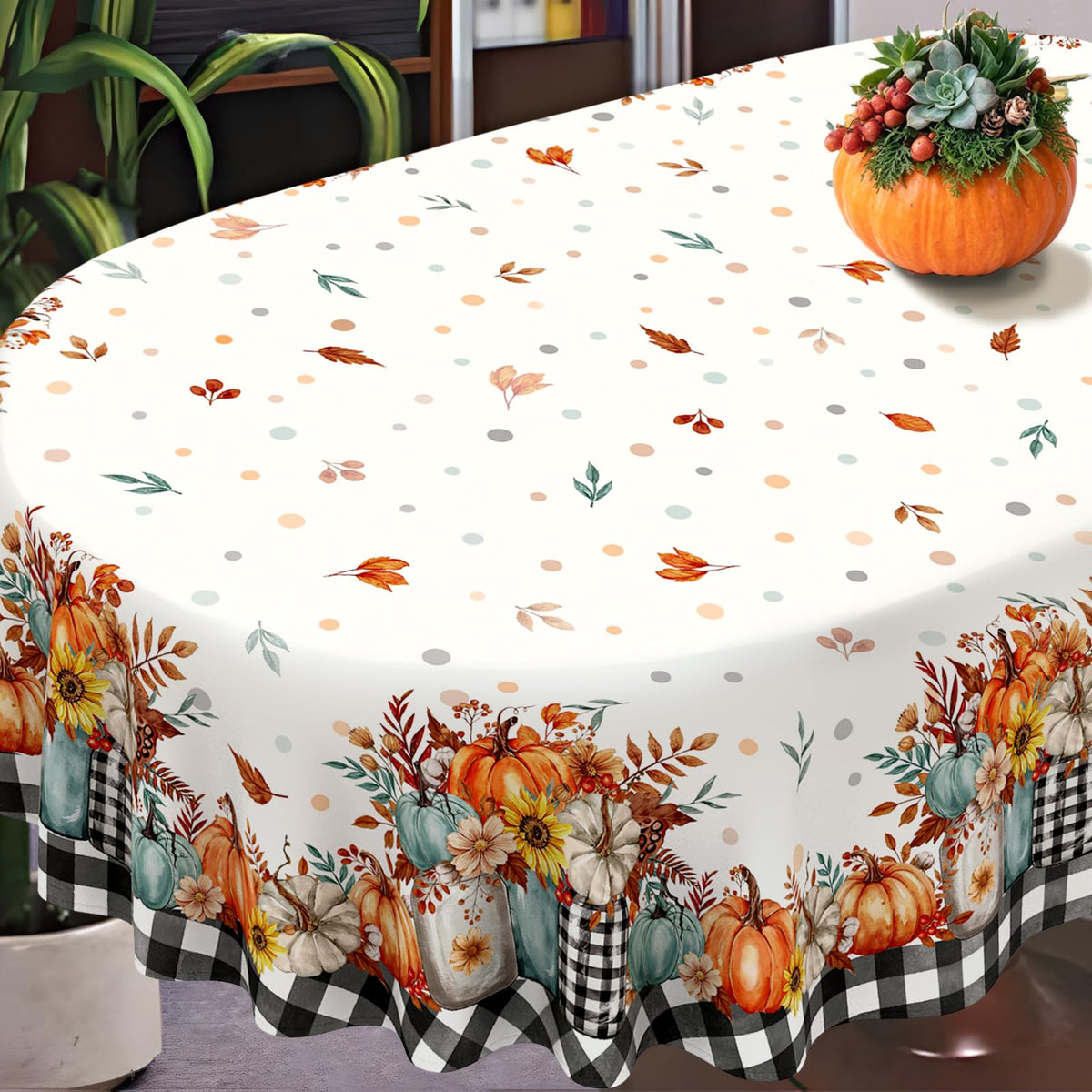 Fall Thanksgiving Tablecloth Waterproof Pumpkin Table Cloths for Autumn Harvest Indoor Outdoor Dining Room Decor-60 * 84" Oval