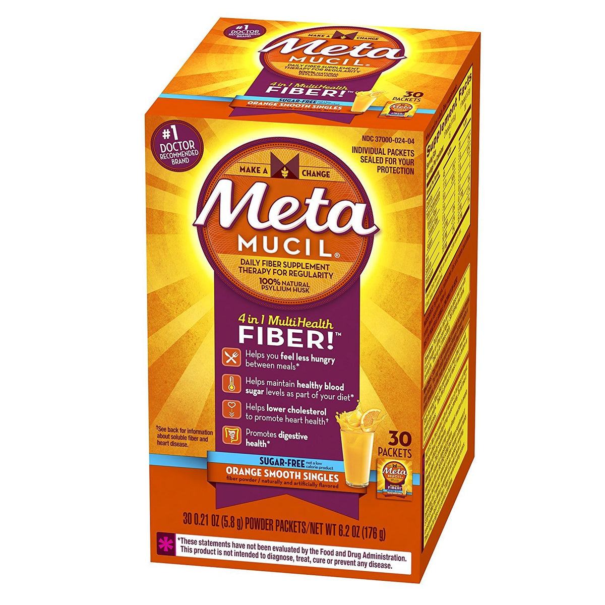 Metamucil 4-in-1 Psyllium Husk GLP-1 Friendly Fiber Supplement, Sugar-Free, 72 teaspoons, Orange Flavored, Daily Fiber Powder for Digestive Health, made with Plant-Based Psyllium Husk Fiber