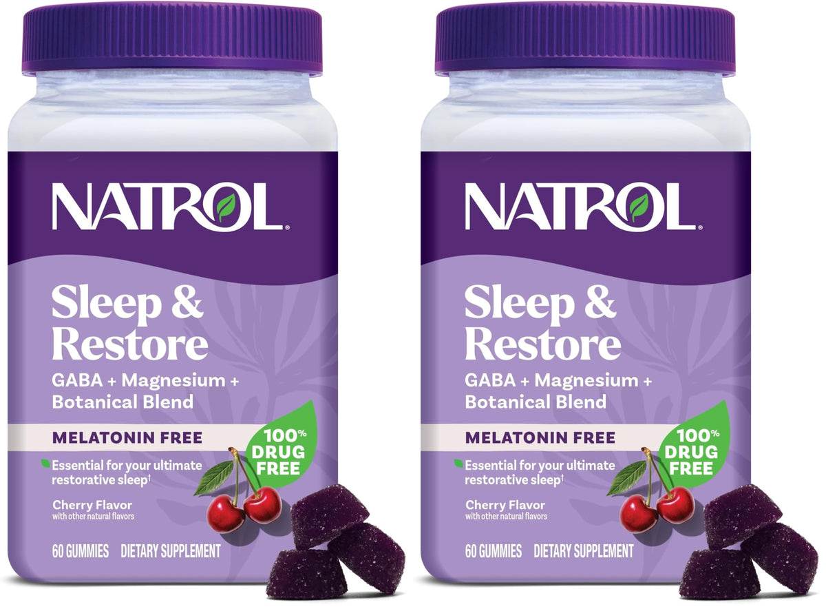 Natrol Sleep & Restore Magnesium Glycinate Blend Gummies, Cherry, 60 Count | Melatonin-Free, Nightitme Sleep-Aid for Adults, Calm Magnesium Glycinate with GABA, Botanical Blend, 100% Drug-Free