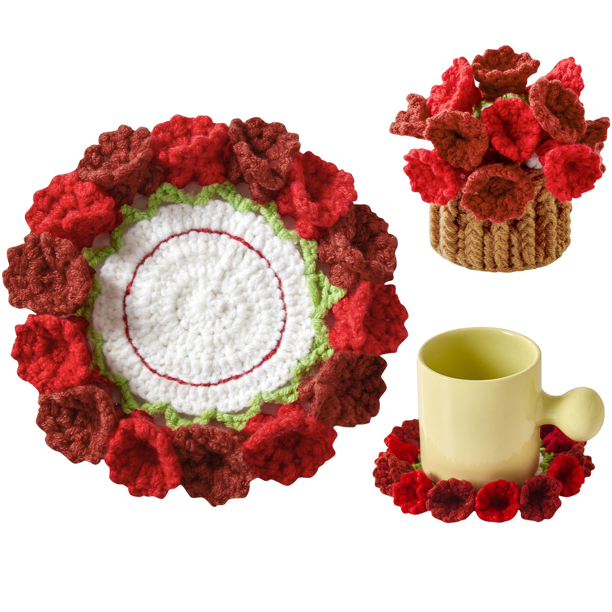 Crochet Flower Coasters, Handmade Bouquet Coasters with Crochet Plant Pot (Sunflower Yellow, 1Pc)