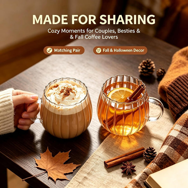 Clear Classic Glass Halloween Cups with Handle 12 Oz- Heat-Resistant Cute Pumpkin Coffee Mugs for Home, Office, Party Drinking Cups Microwave Safe (2Pcs)