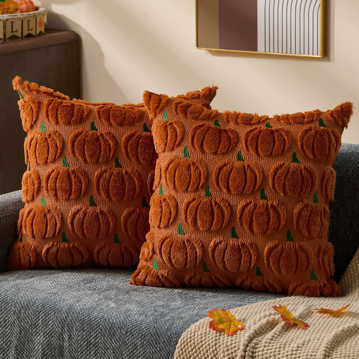 DFXSZ Fall Pillow Covers 18x18 2Pcs Rust Pumpkin Fall Decorations for Home | Fall decor Set of 2 Throw Pillow Cases Soft Plush Faux Fur Wool Couch Cushion for Chair Sofa Bedroom Living Room Home Decor