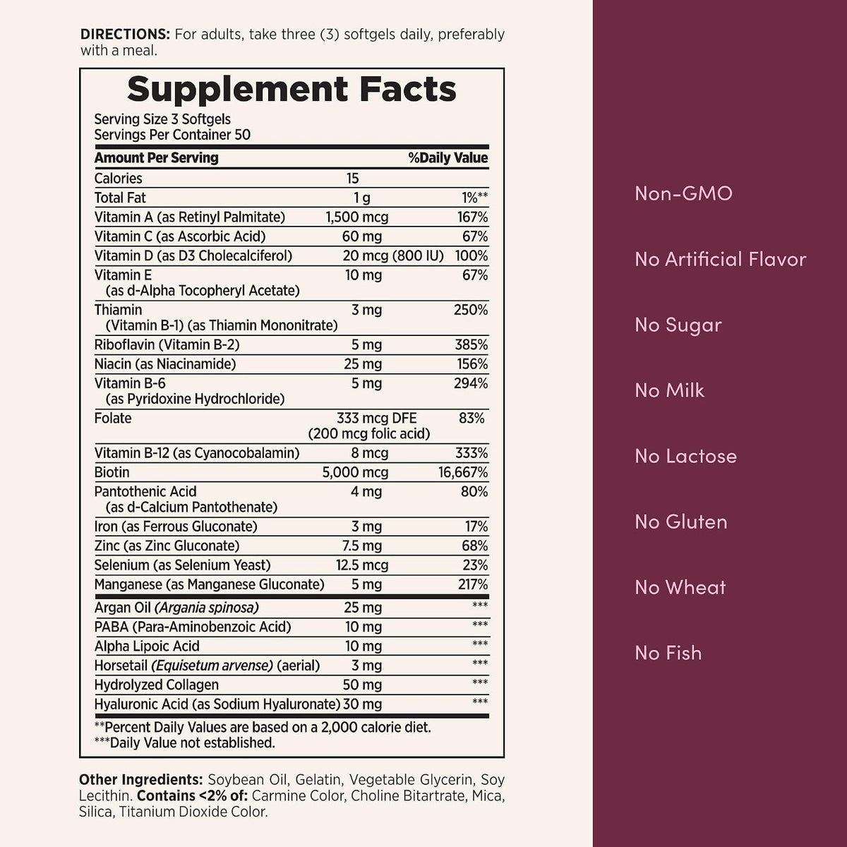 Nature's Bounty Advanced Hair, Skin & Nails, Argan-Infused Vitamin Supplement with Biotin and Hyaluronic Acid, 150 Rapid Release Softgels, 50 Total Servings
