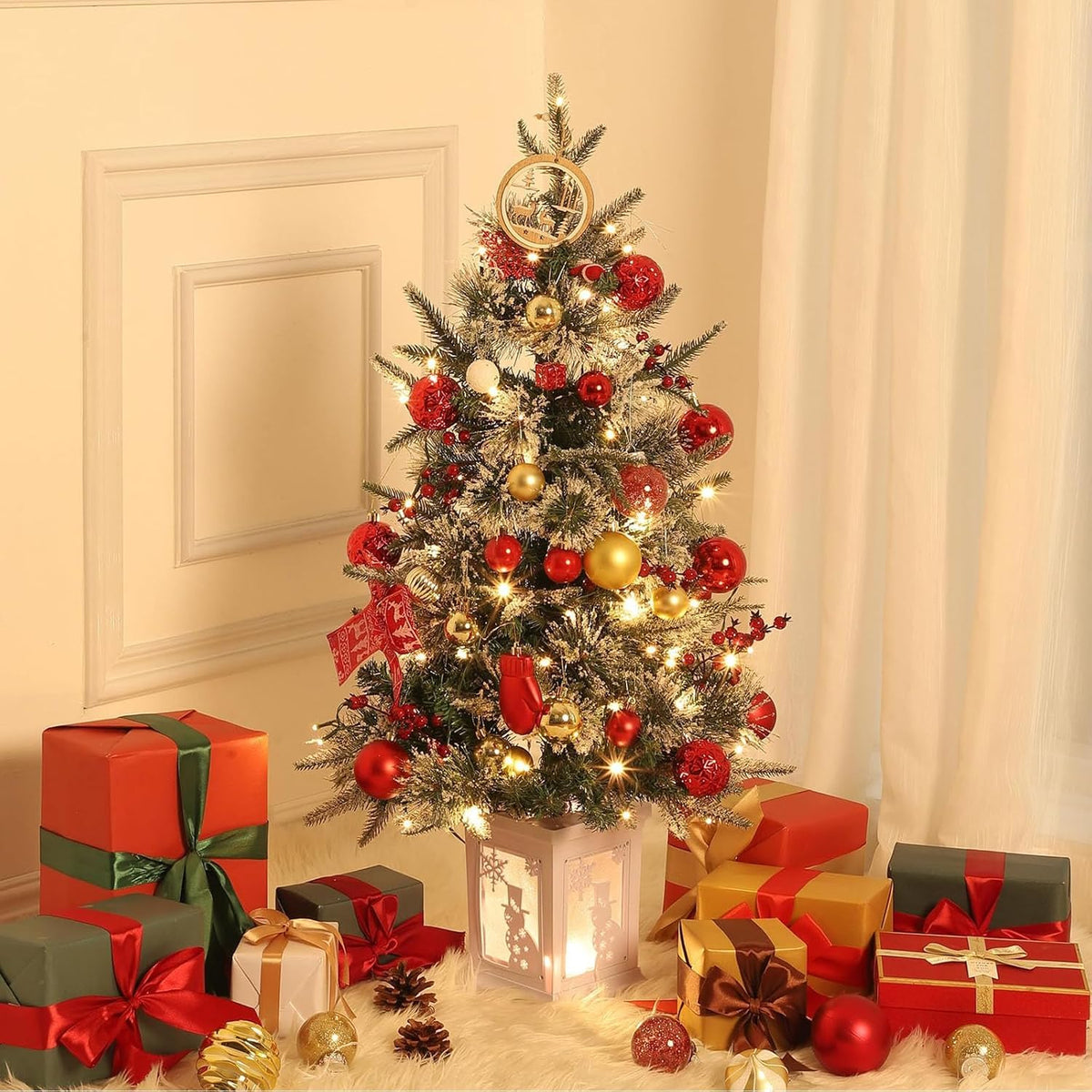 3 Ft Pre-Lit Christmas Tree, Artificial Christmas Tree with Base, Xmas Tree with Timer, Christmas Decoration for Home, Office, Easy Assembly