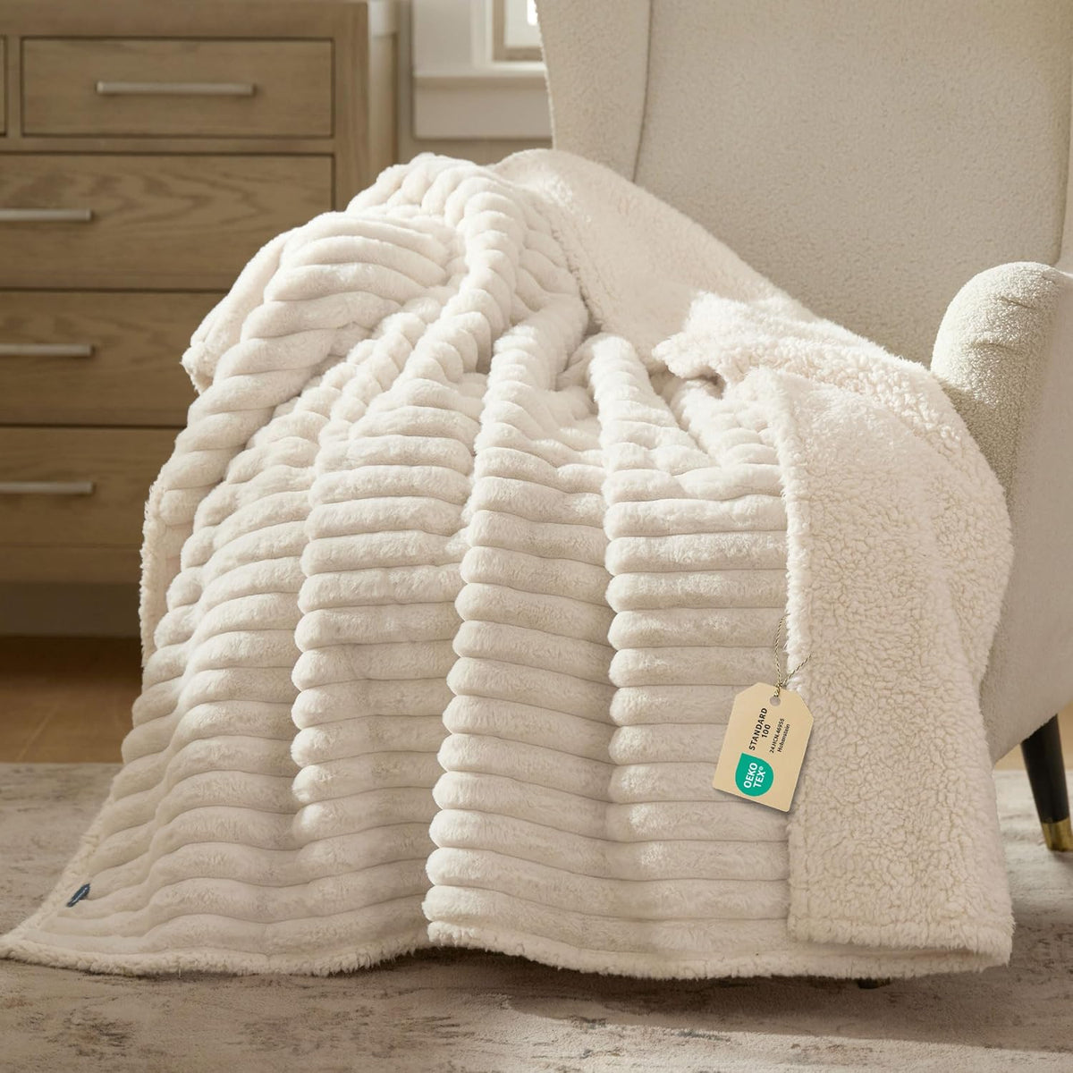 Bedsure ComfyFleece™ Waterproof Dog Blankets for Large Dogs,50x60 Cream | Soft Plush Couch Cover,Washable Corduroy Fleece for Furniture Protector,Cozy Calming Reversible Pet Blanket for Senior Dogs