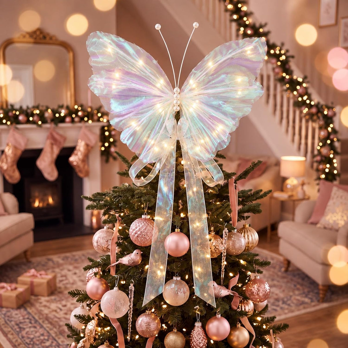 Blueweenly White Butterfly Christmas Tree Topper with Lights, 3D 20" Large