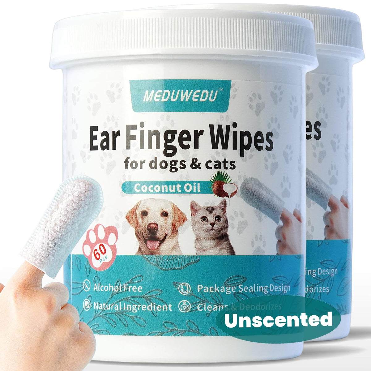 MEDUWEDU Ear Cleaner Finger Wipes 60 Counts, Dog Ear Cleaner, Grooming Kit Care for Dogs and Cats, Soft & Easy Otic Cleaning Pads, Remove Wax, Dirt & Stop Smelly, Itchy, Non-Irritating, Coconut Scent