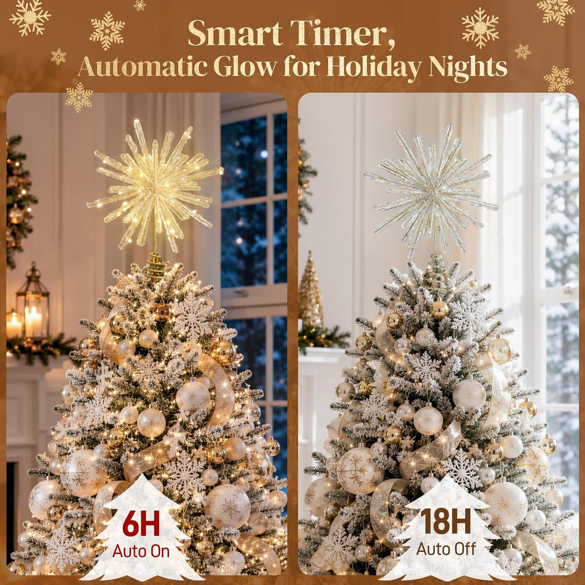 Lewondr Crystal Firework Christmas Tree Topper with Lights, Gold