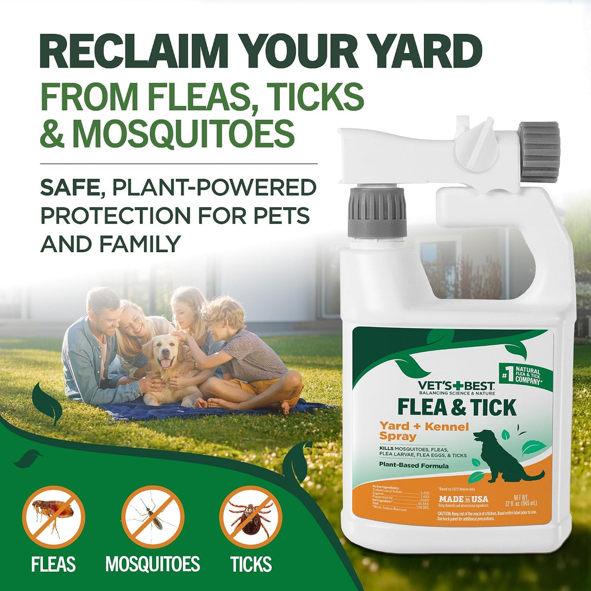 Vet's Best Flea & Tick, Mosquito, Yard & Kennel Spray for Dogs, 32 oz | Plant-Based Yard Treatment, Kills Fleas, Ticks & Mosquitoes, Ready-to-Use Hose Attachment, Safe for Plants, Made in USA