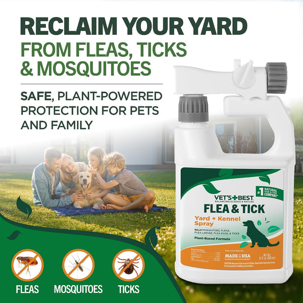 Vet's Best Flea & Tick, Mosquito, Yard & Kennel Spray for Dogs, 32 oz | Plant-Based Yard Treatment, Kills Fleas, Ticks & Mosquitoes, Ready-to-Use Hose Attachment, Safe for Plants, Made in USA