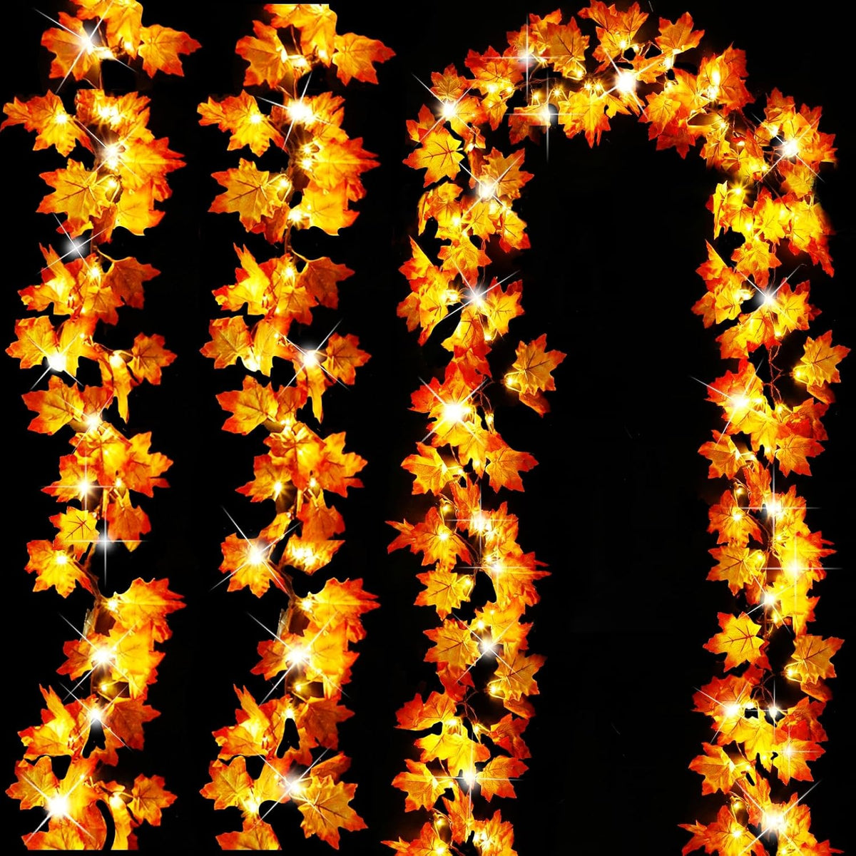 Timer&3 Pack Fall Decor 30Ft Fall Garland with Lights 60LED Autumn Garland | Patented Realistic Maple Leaves Garland Fall Decorations for Home, Battery Operated Waterproof Thanksgiving Halloween Decor