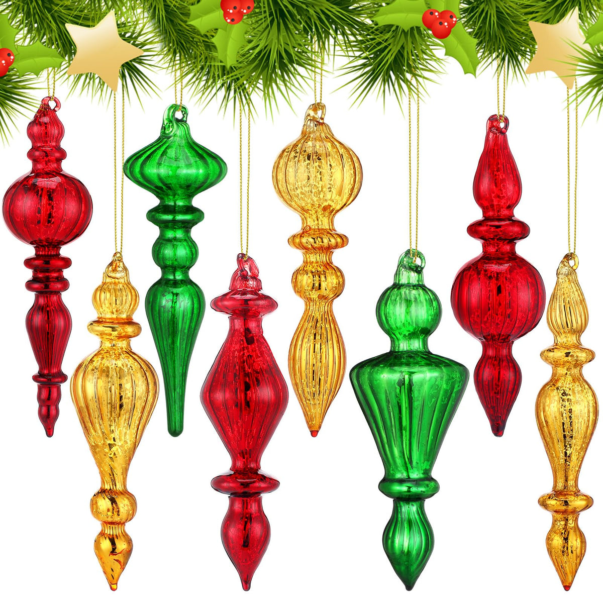 Mifoci 8 Pcs 6 Inch Mercury Glass Finial Christmas Ornaments,Red