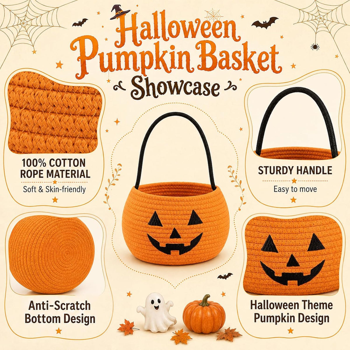 OIASKET Cotton Rope Halloween Pumpkin Basket with Handle, Trick or Treat Bucket for Kids, Woven Boo Candy Basket for Neighborhood Parades & Indoor Holiday Home Decor