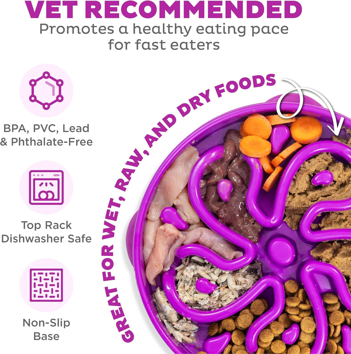 Outward Hound Fun Feeder Slo Bowl – Large 4‑Cup Capacity, Slow Feeding, Medium to Large Dogs, Non‑Slip, Purple, Flower Pattern