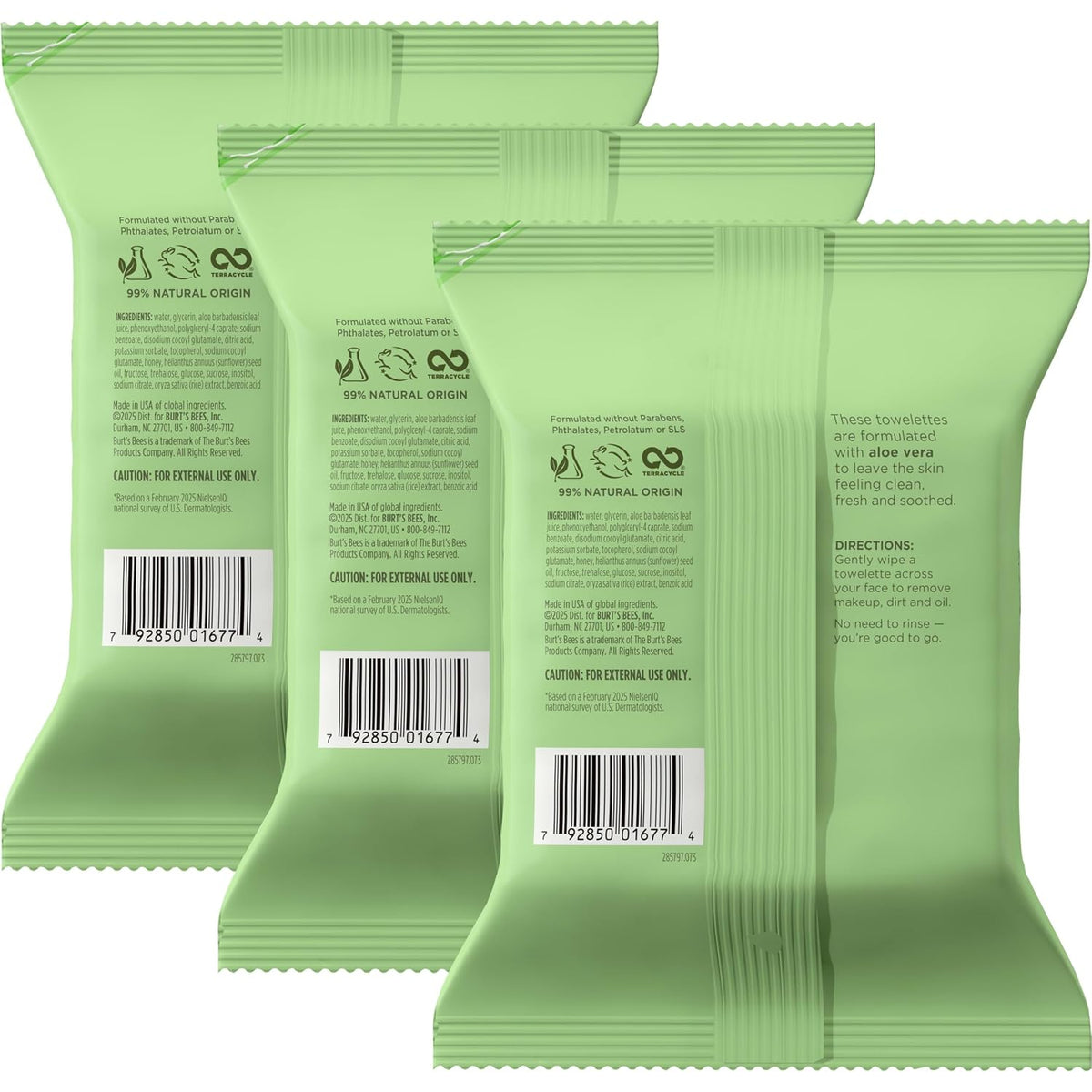 Burt's Bees Soothing Fragrance Free Facial Towelettes with Aloe Vera, 100 Percent Plant Based Cloth Makeup Remover Wipes for Sensitive Skin, 99 Percent Natural Origin Skin Care, 30 ct., Three Pack