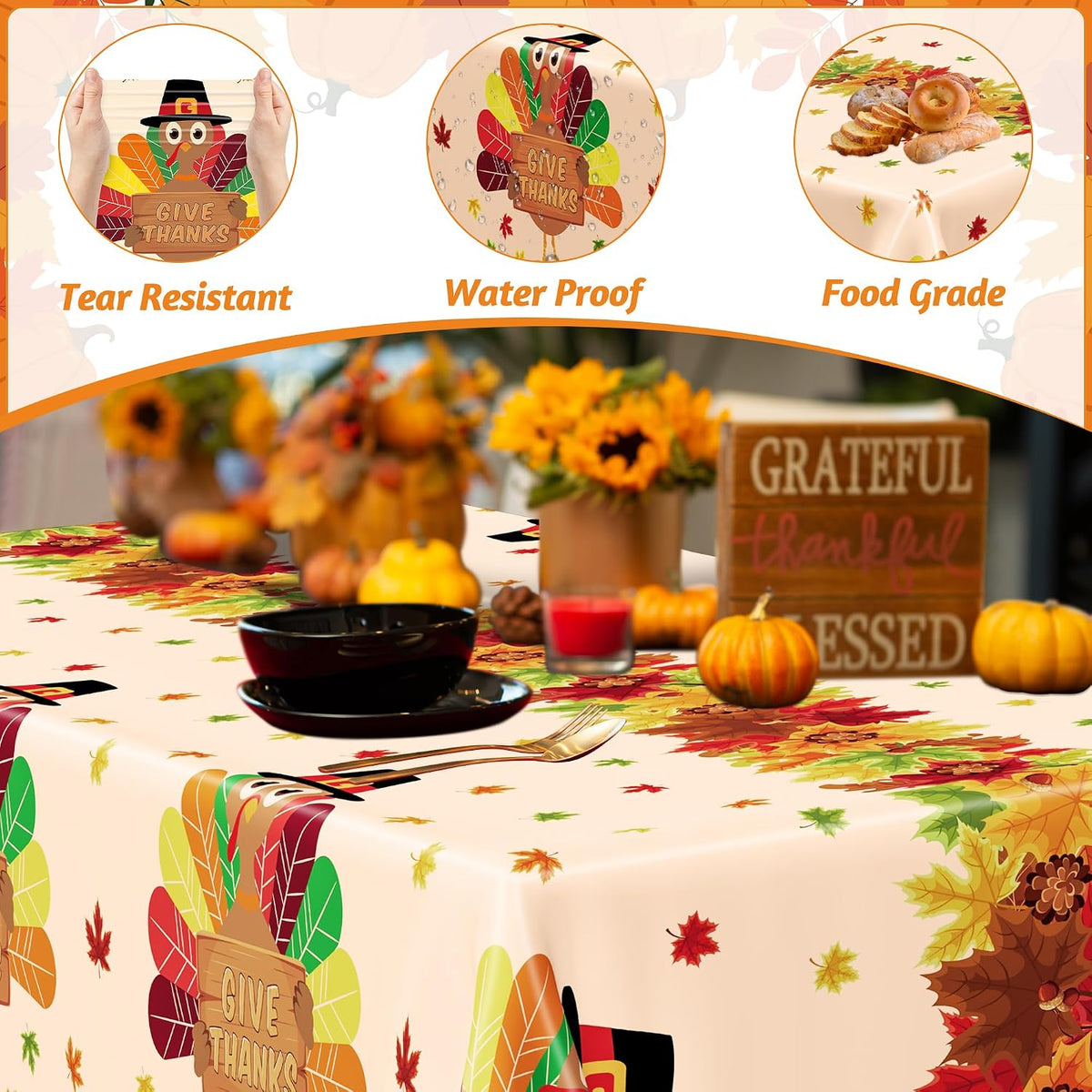 3 Pack Thanksgiving Tablecloths, 108" x 54" Disposable Turkey Table Cloth