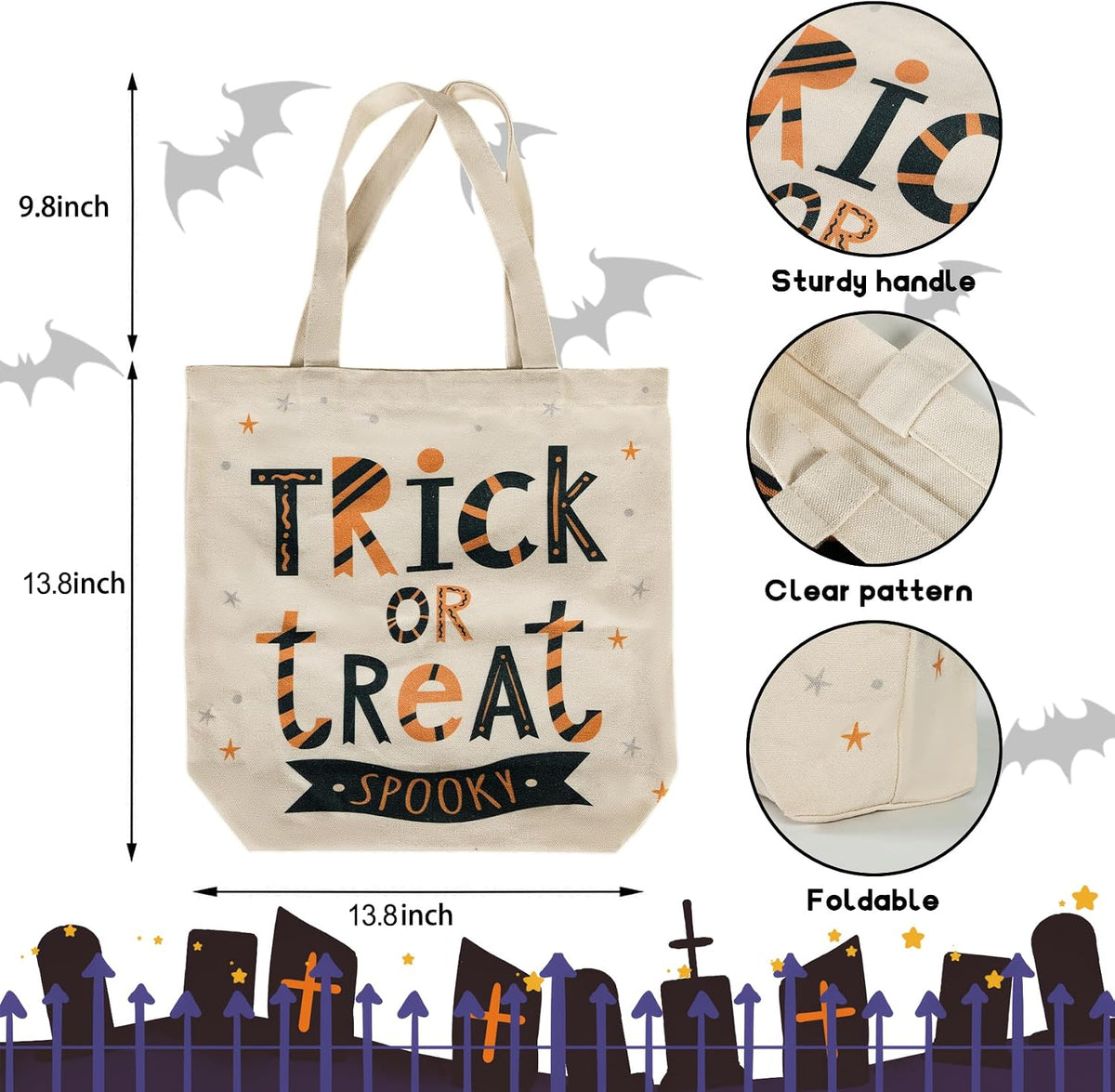 ATFUNSHOP 13.8" Large Halloween Tote Bag Trick or Treat Canvas Reusable Large Bucket for Kids Boo Pumpkin Ghost