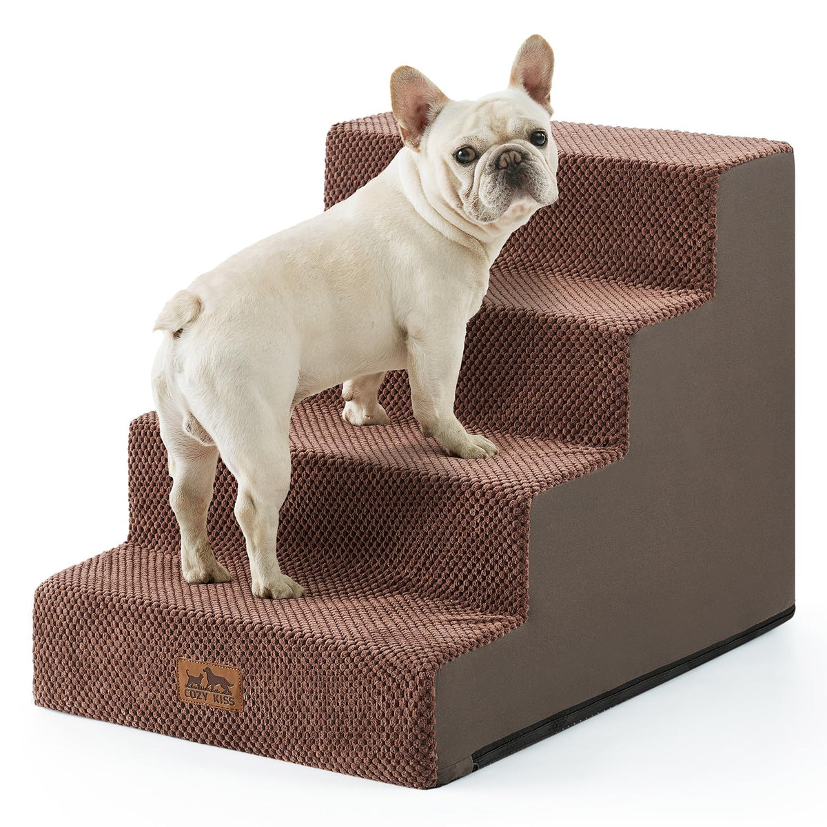 COZY KISS Dog Stairs for Small Dogs, 5 Tier Wider Pet Stairs for High Beds, 23.6" H Non-Slip Dog Steps for Old Cats, Puppies, Small Medium Dogs, 19.7x29.5x23.6 inch, Beige