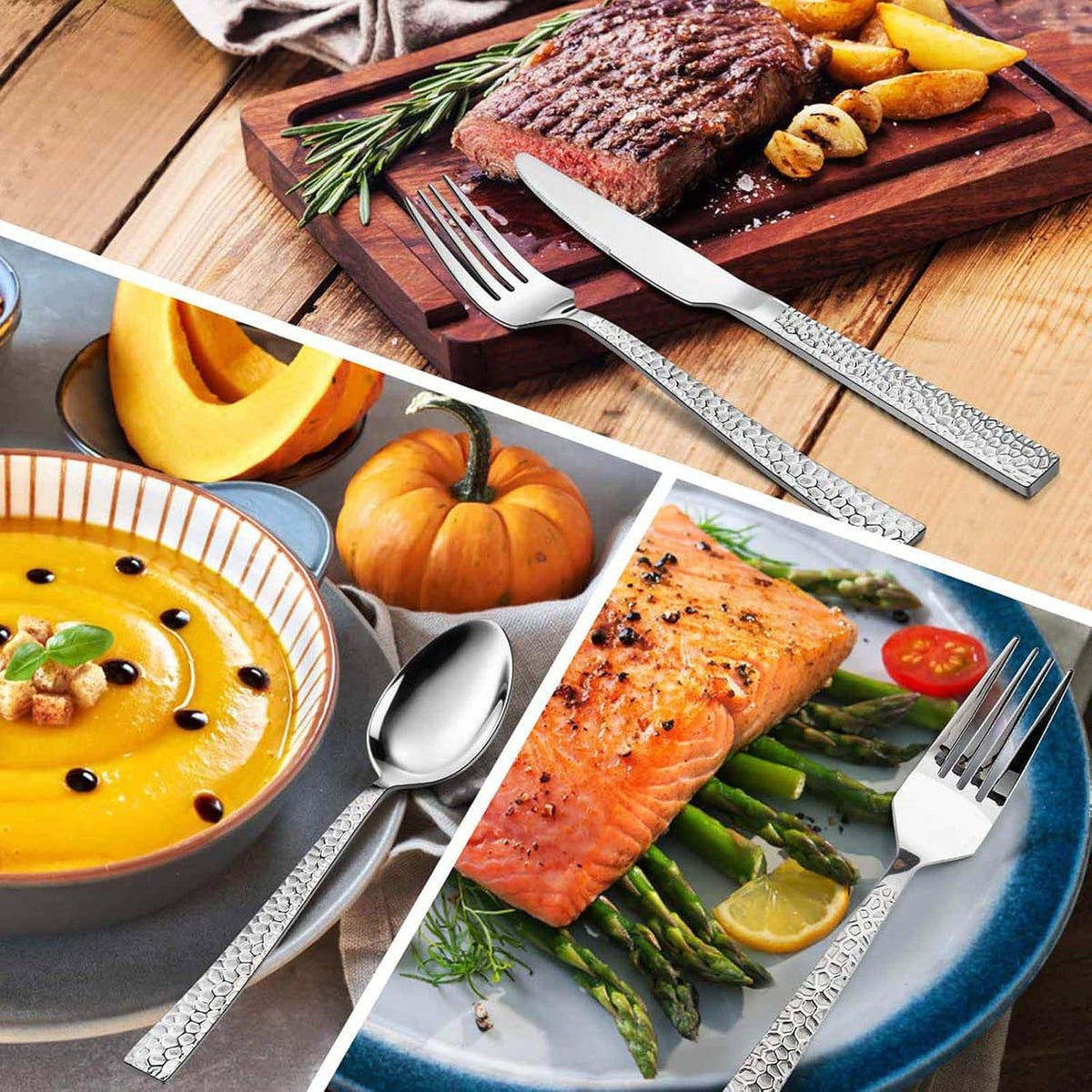 E-far Hammered Silverware Set for 8, 40 Pcs Stainless Steel Flatware Set