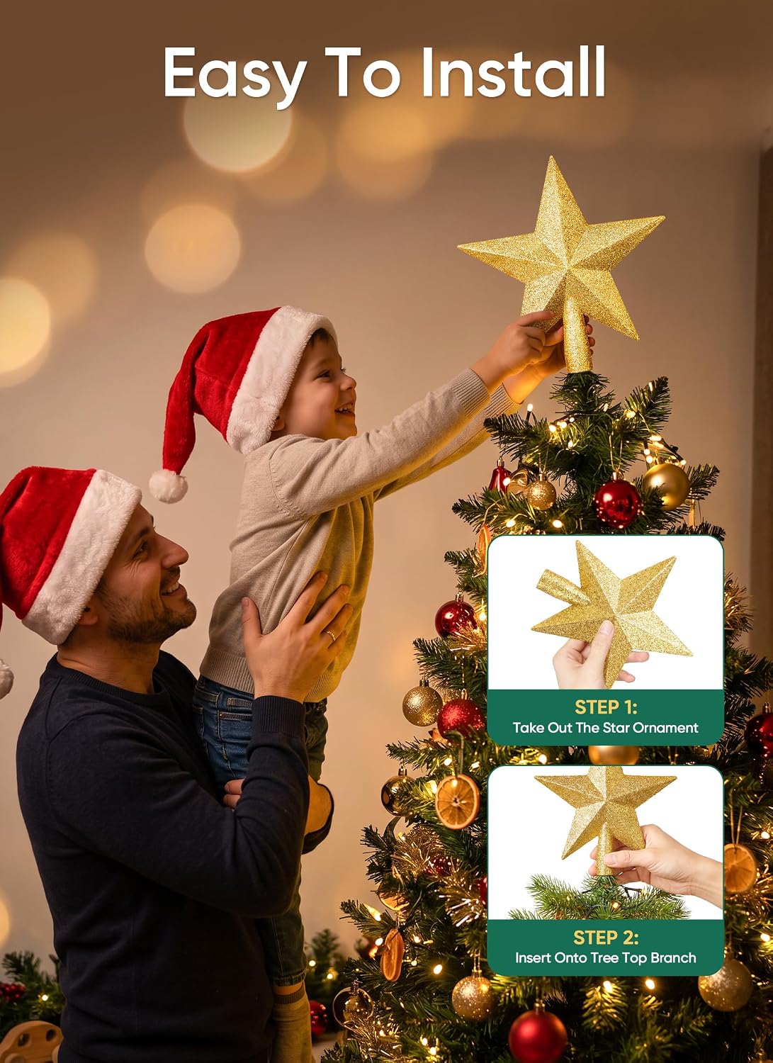 Brightown Gold Glitter Christmas Tree Topper Star, Sparkling Holiday Decor