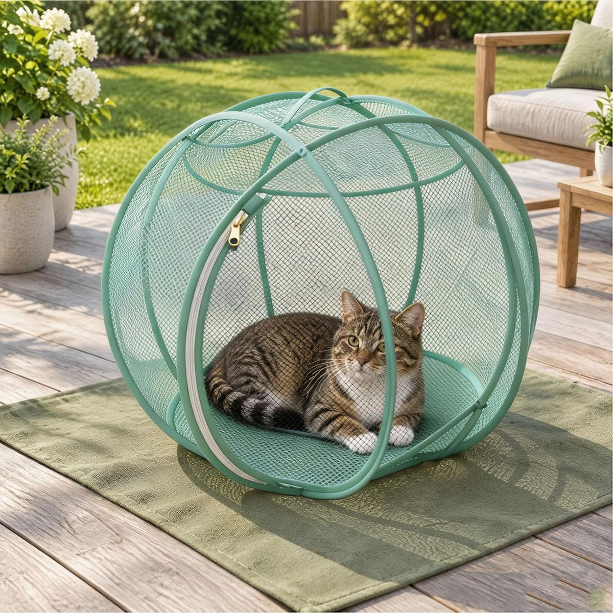 Outdoor Cat Enclosure, Giant Cat Hamster Ball for Outside, Mesh Ball Cat Cage, 360 Panoramic Rolling Cat Playpen, Foldable Breathable Mesh Pet Playpen with Zipper, Cat Outdoor Ball Cage