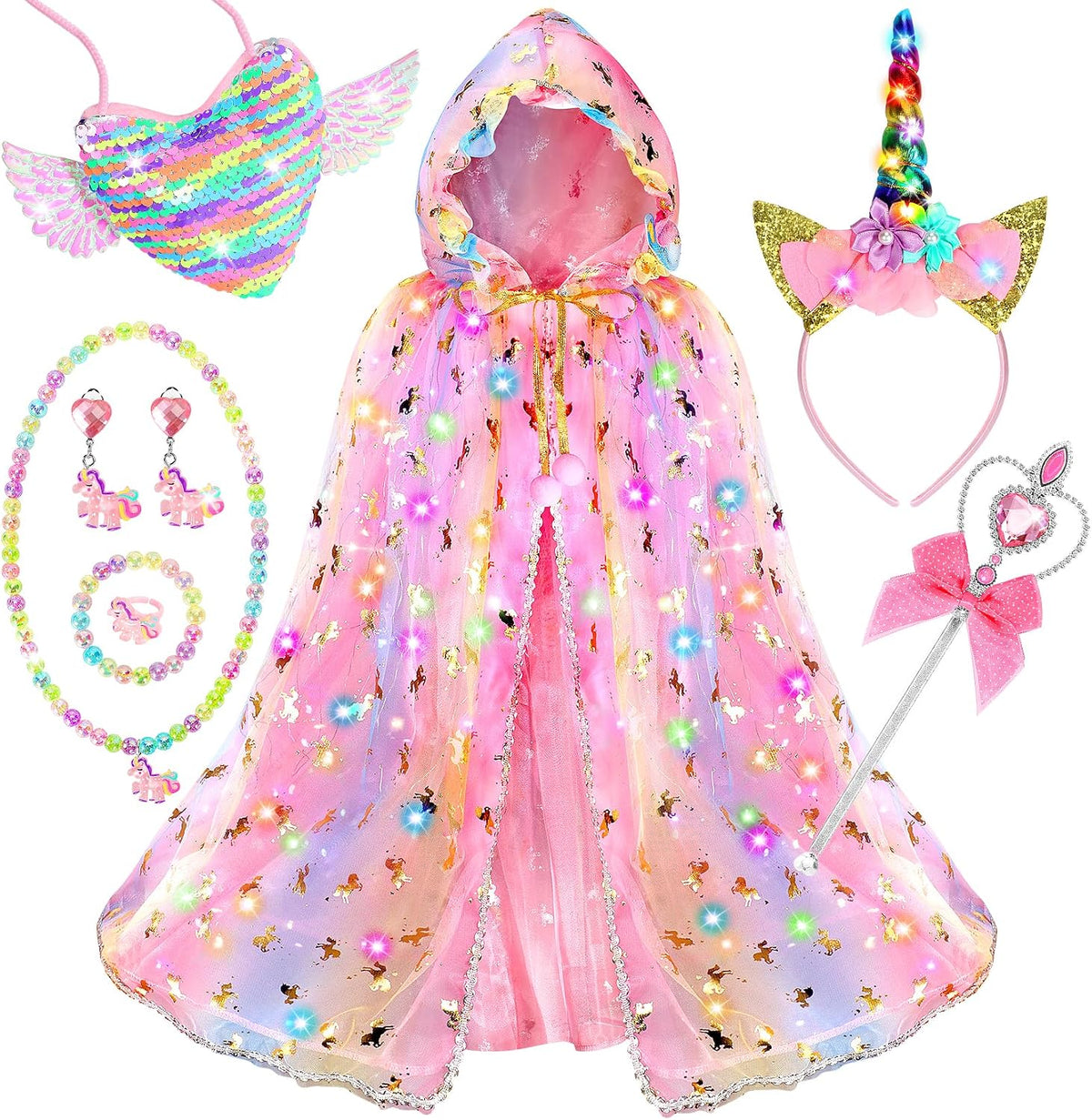 Fedio Princess Dress Up for Girls, Unicorn Light Up Princess Cape Set