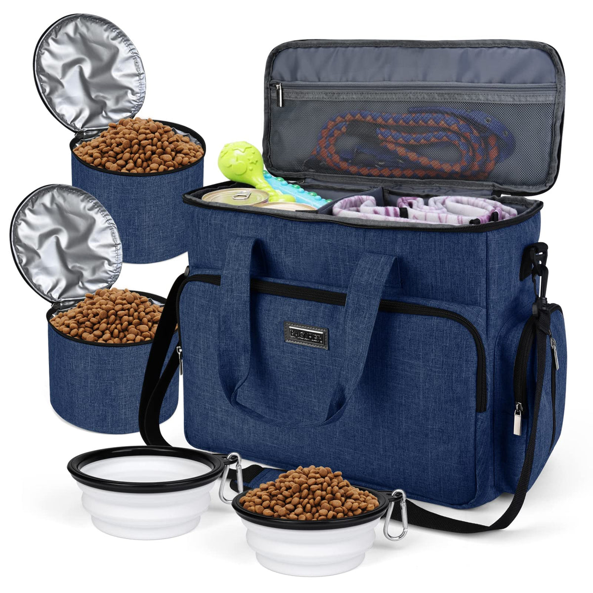 BAGLHER Pet Travel Set Airline-Approved Carrier for Small/Medium Cats & Dogs + Travel Bag with Food Containers & Silicone Bowls, Grey & Green