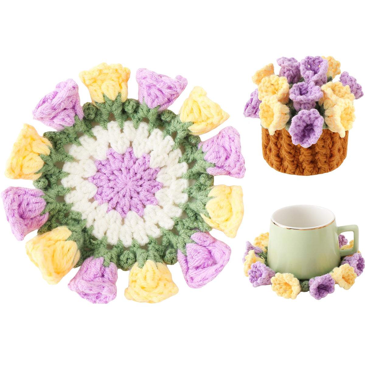 Crochet Flower Coasters, Handmade Bouquet Coasters with Crochet Plant Pot (Sunflower Yellow, 1Pc)