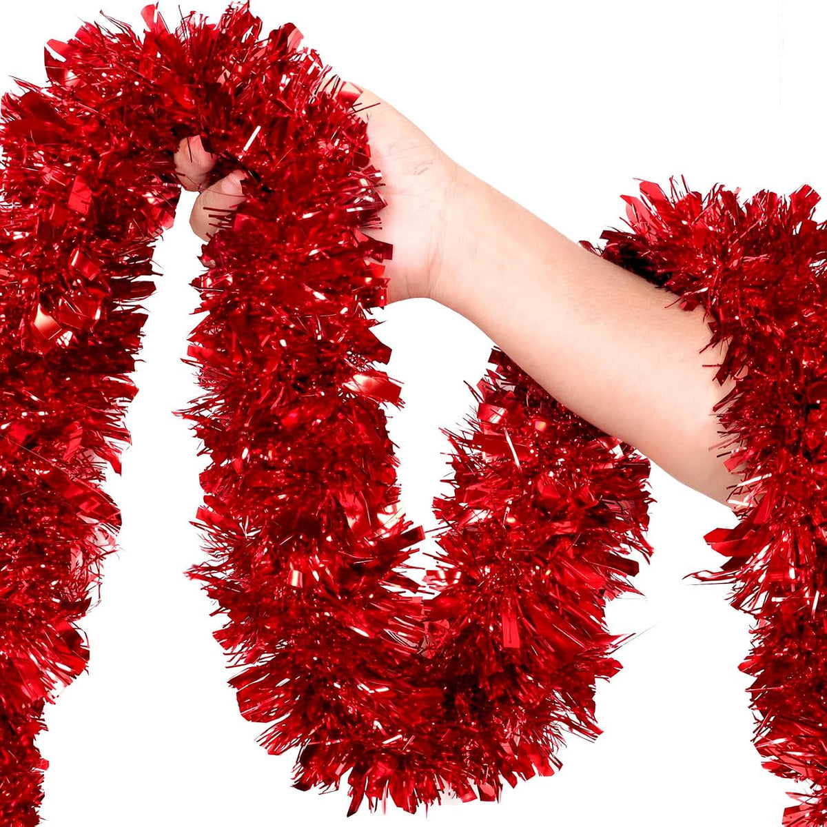 50Ft Red Christmas Garland Decorations,Xams Tinsel Stems Non-Lit Soft Twist Garland Decor for Tree Stairs Railing Front Door Mantle Fireplace Indoor Outdoor Holiday Home