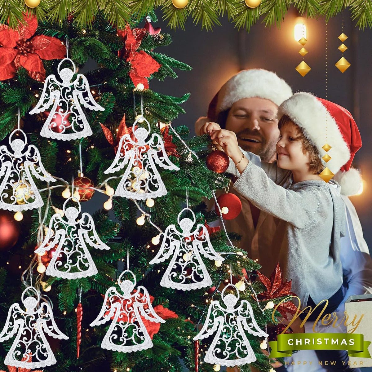 Lunmon 48 Pcs Crocheted Angel Ornaments for Christmas Tree, White Doilies
