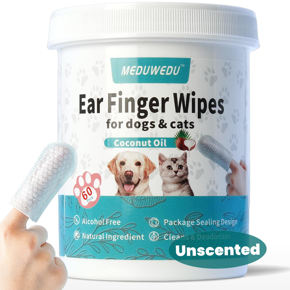 MEDUWEDU Ear Cleaner Finger Wipes 60 Counts, Dog Ear Cleaner, Grooming Kit Care for Dogs and Cats, Soft & Easy Otic Cleaning Pads, Remove Wax, Dirt & Stop Smelly, Itchy, Non-Irritating, Coconut Scent