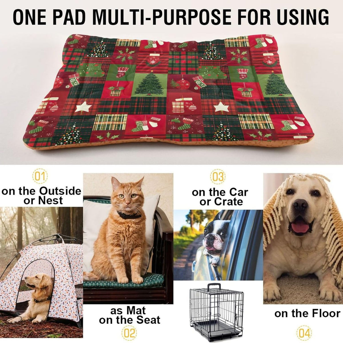Christmas Patch Pet Bed Pad Soft Dog Bed Mat with Anti-Slip Bottom, Machine Washable Crate Pad Mattress for Dog Sleeping- 24 * 18inches