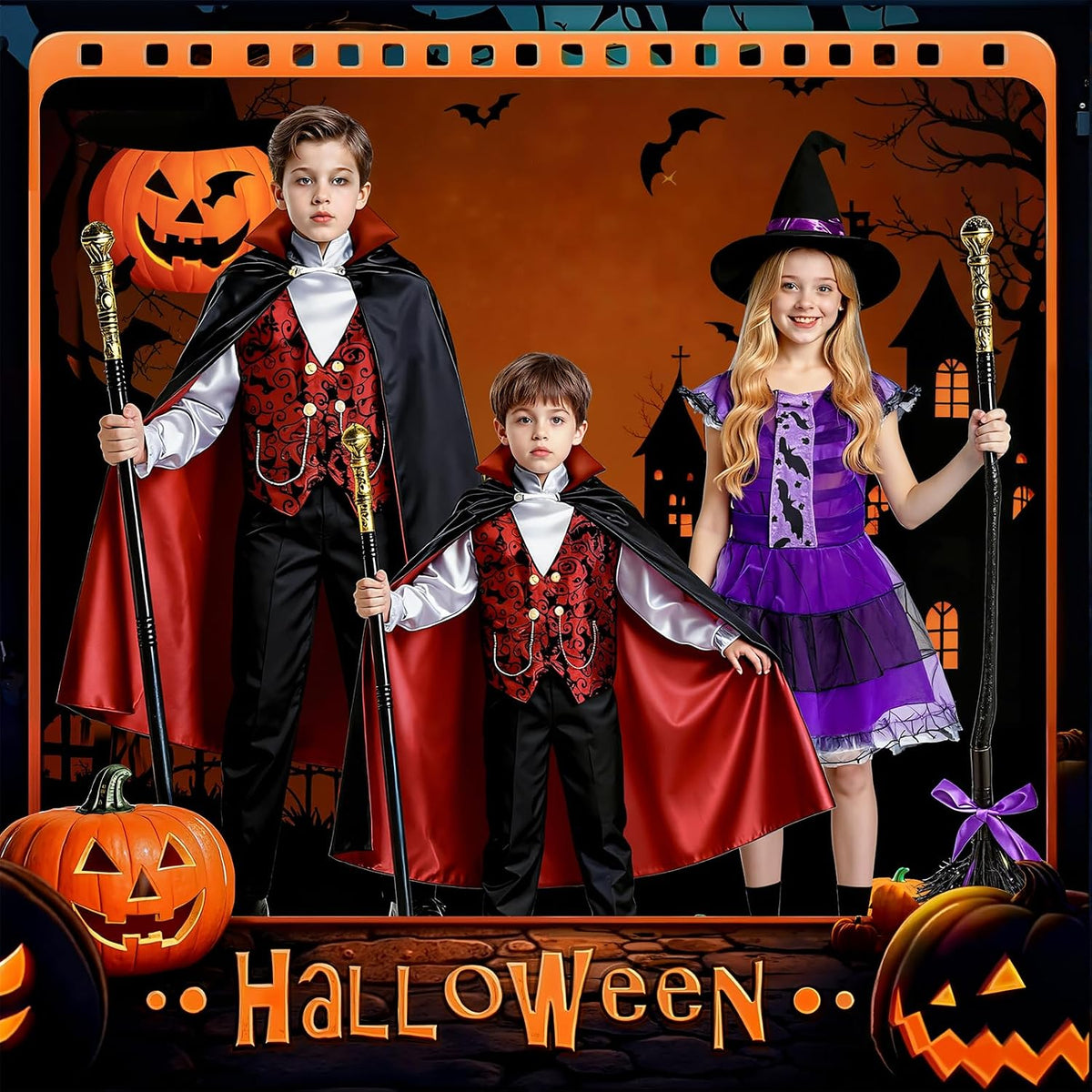 Boys Vampire Costume Set, Halloween Party Vampire Cosplay Outfit with Cape, Shirt, Pants & Cane, kids dracula costume