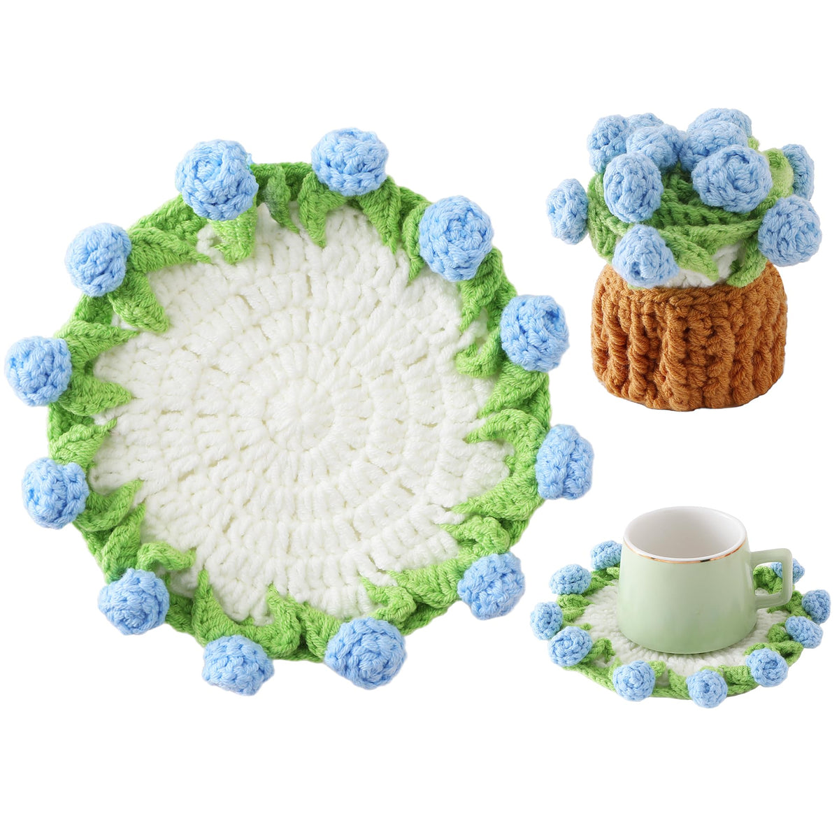 Crochet Flower Coasters, Handmade Bouquet Coasters with Crochet Plant Pot (Sunflower Yellow, 1Pc)