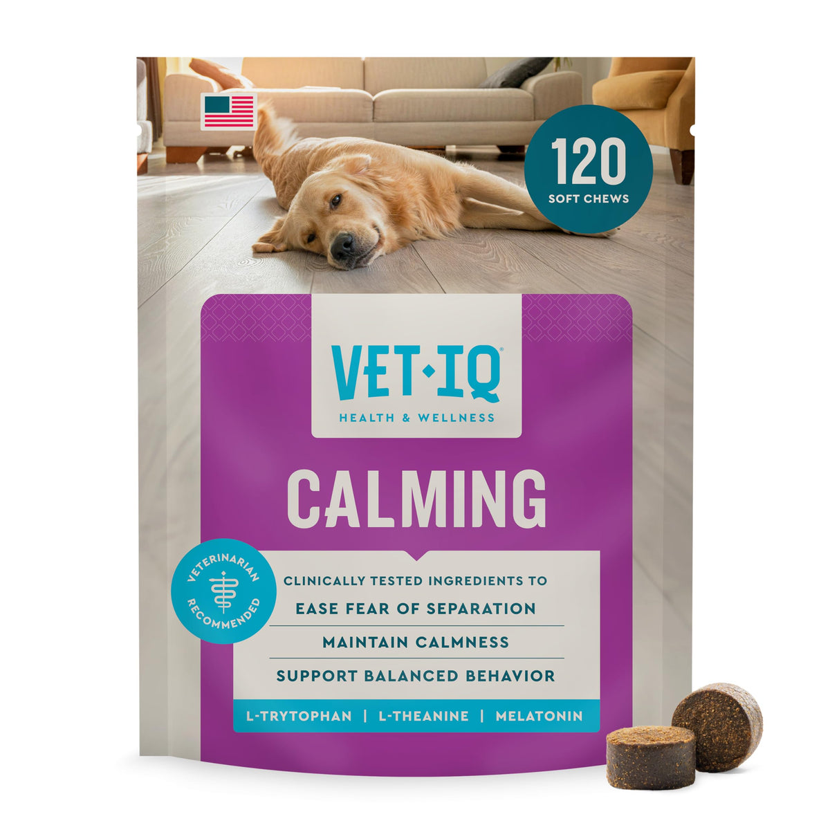VetIQ Calming Support Supplement for Dogs, Calming Chews Help Manage Stress and Promote Relaxation, Anxiety Relief for Dogs, Made in the USA, 60 Count