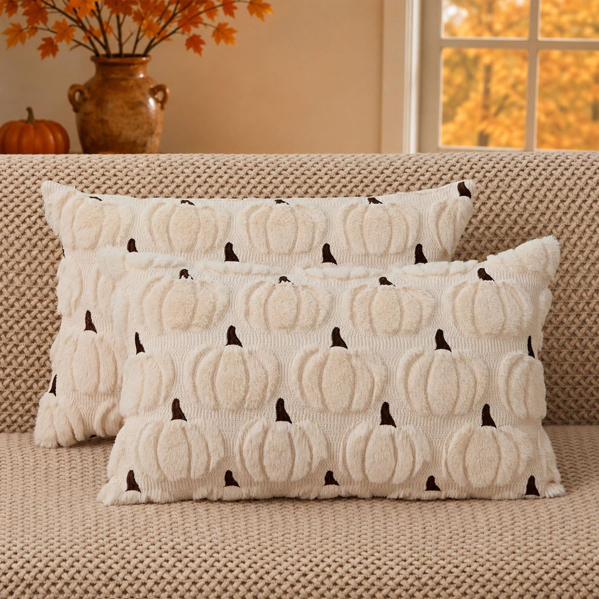 DFXSZ Fall Pillow Covers 18x18 2Pcs Rust Pumpkin Fall Decorations for Home | Fall decor Set of 2 Throw Pillow Cases Soft Plush Faux Fur Wool Couch Cushion for Chair Sofa Bedroom Living Room Home Decor